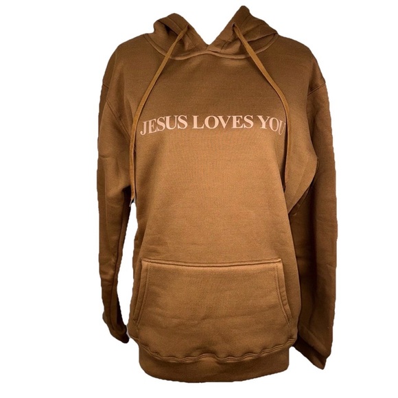 Tops - Jesus Loves You Hoodie M/L Brown Inspirational Bible Casual Trendy Christian